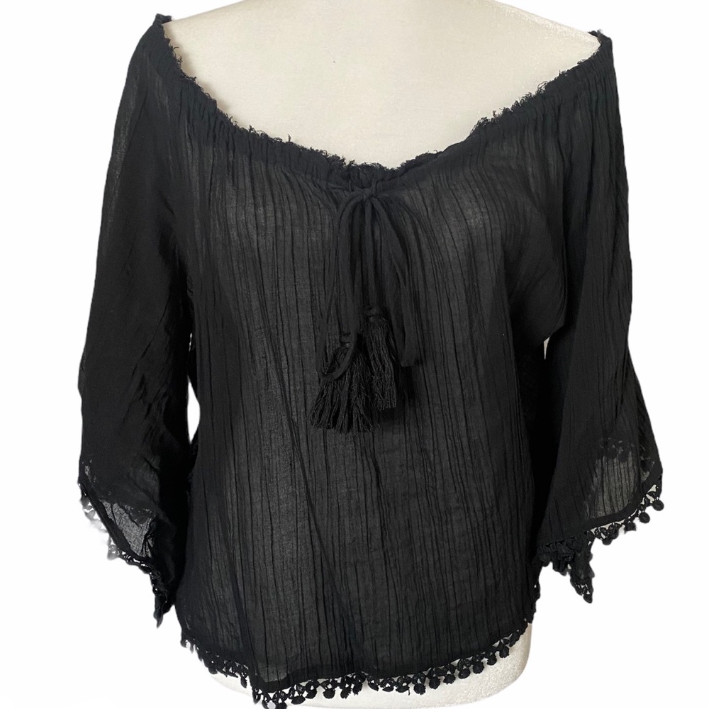 LoveShackFancy Black Cotton Gauze Off the Shoulder Top - Picture 4 of 11